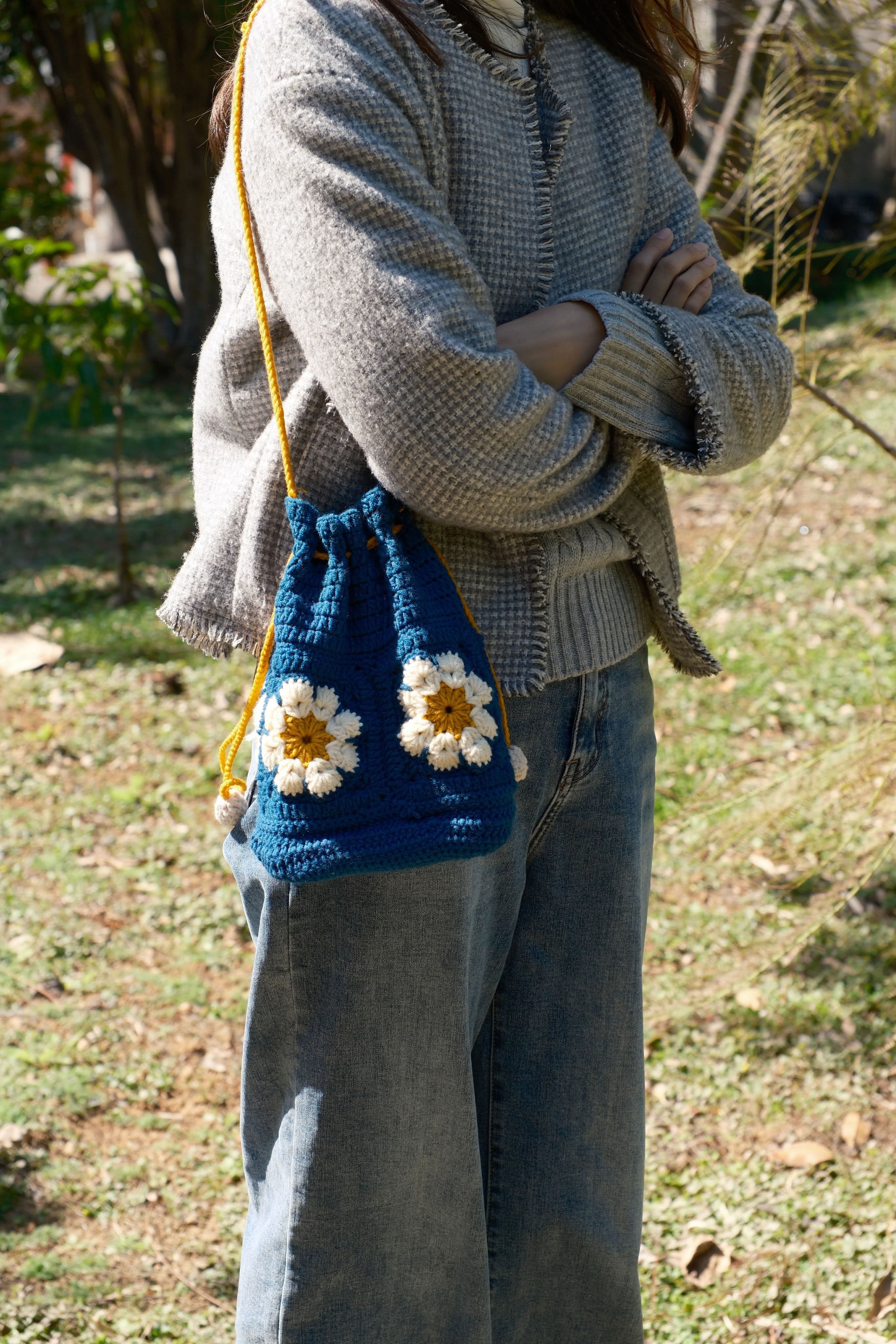 雛菊撞色拼接束口袋（可肩背）