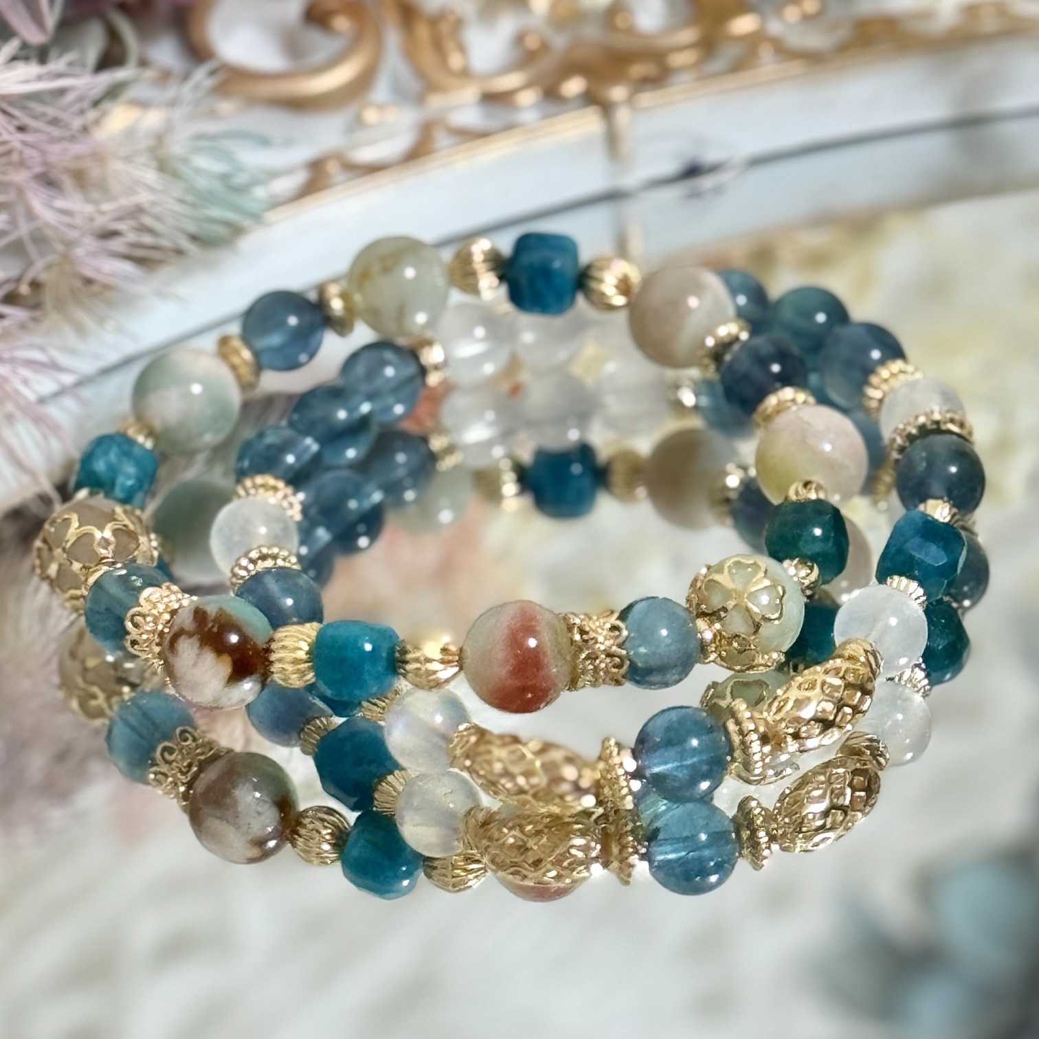 嵐玥之境-幻藍星韻 雙鏈-櫻花瑪瑙、螢石、藍磷灰、藍月光、手串、手鍊、手珠、設計款手串、天然水晶、禮物、原創手作、正能量