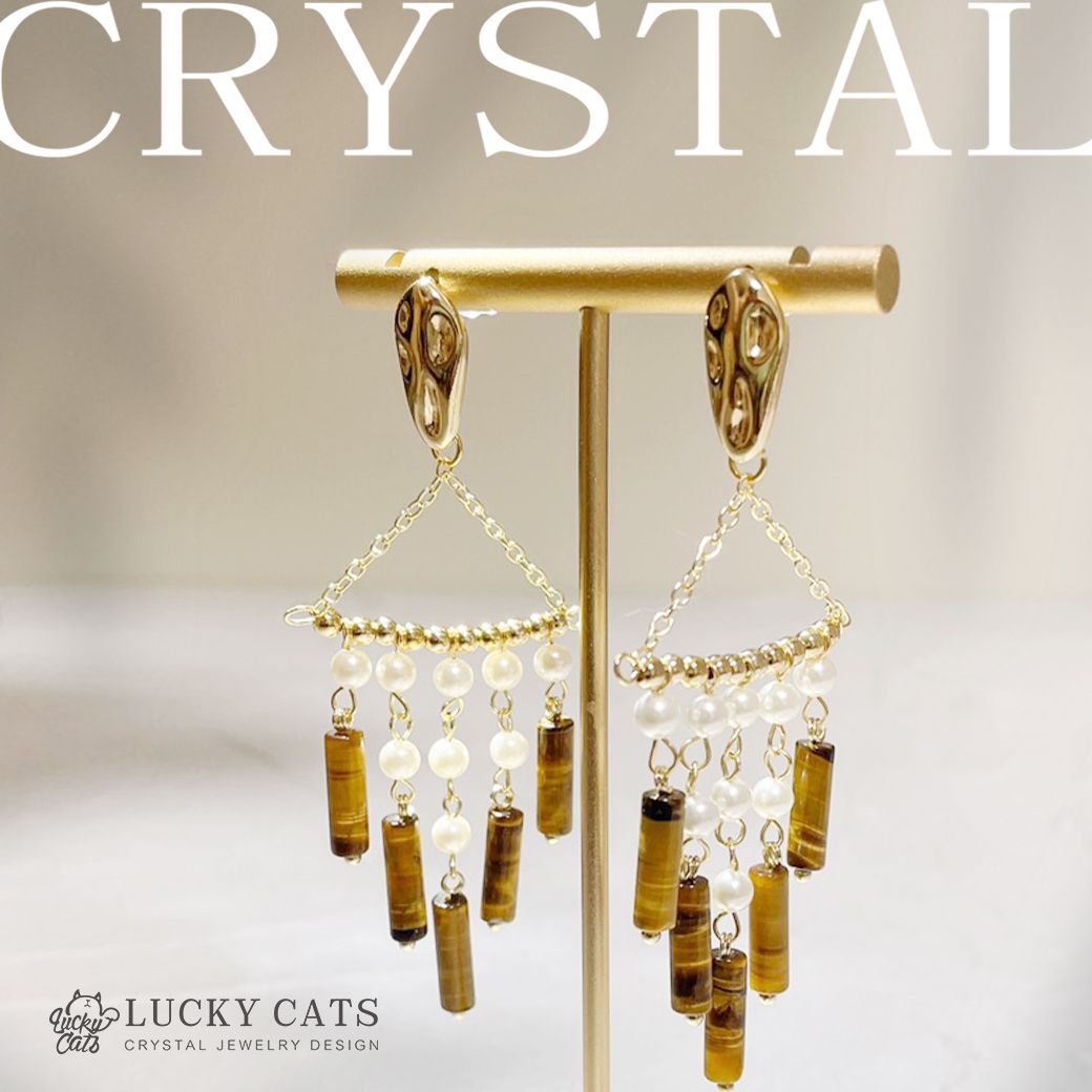 🔮Lucky Cats 黃虎眼石 X 天然貝珠 925銀針耳環