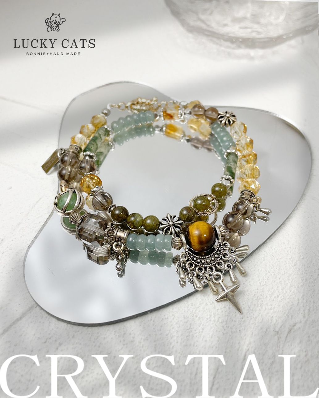 🔮Lucky Cats 黃虎眼 X 水草瑪瑙 X 黃塔晶 X 茶晶 X 翡翠 X 沙佛萊 雙圈手鏈