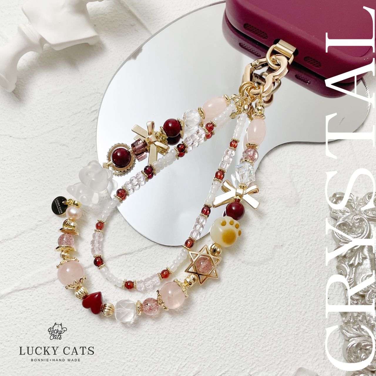 🔮Lucky Cats 粉晶 × 菩提 × 奶白晶 × 紫金砂 × 草莓晶 手機鏈