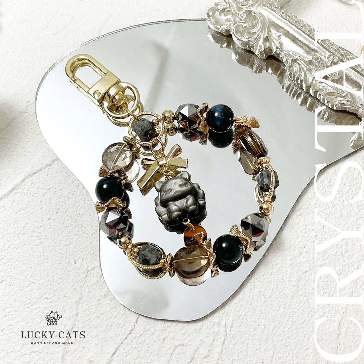 🔮黑色銀曜石九尾狐聖誕花圈款 設計吊飾 水晶鑰匙圈