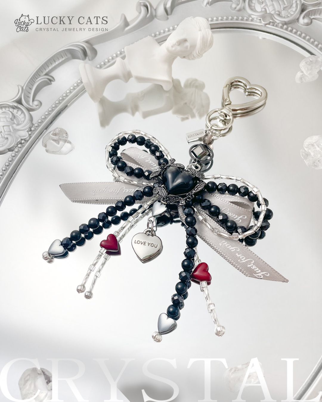 🔮Lucky Cats 蝴蝶結 黑曜石 × 愛心硃砂 水晶吊飾