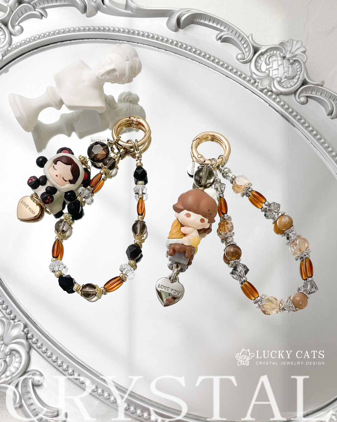 🔮Lucky Cats 正版泡泡馬特 SKULLPANDA X DIMOO 黑曜石 茶晶 冰曜石 金骨幹 水晶吊飾