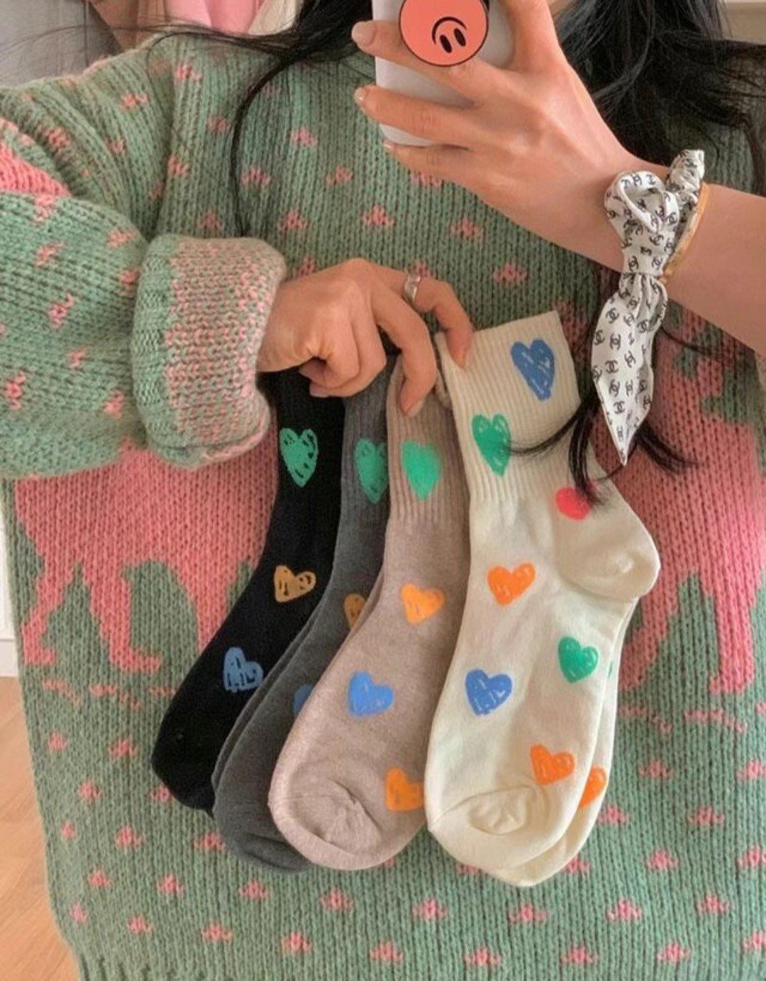 現貨售完不補ෆ🏷ʏᴜɴᴀ’s ·韓國代購🇰🇷韓國製手繪風滿版彩愛心長襪