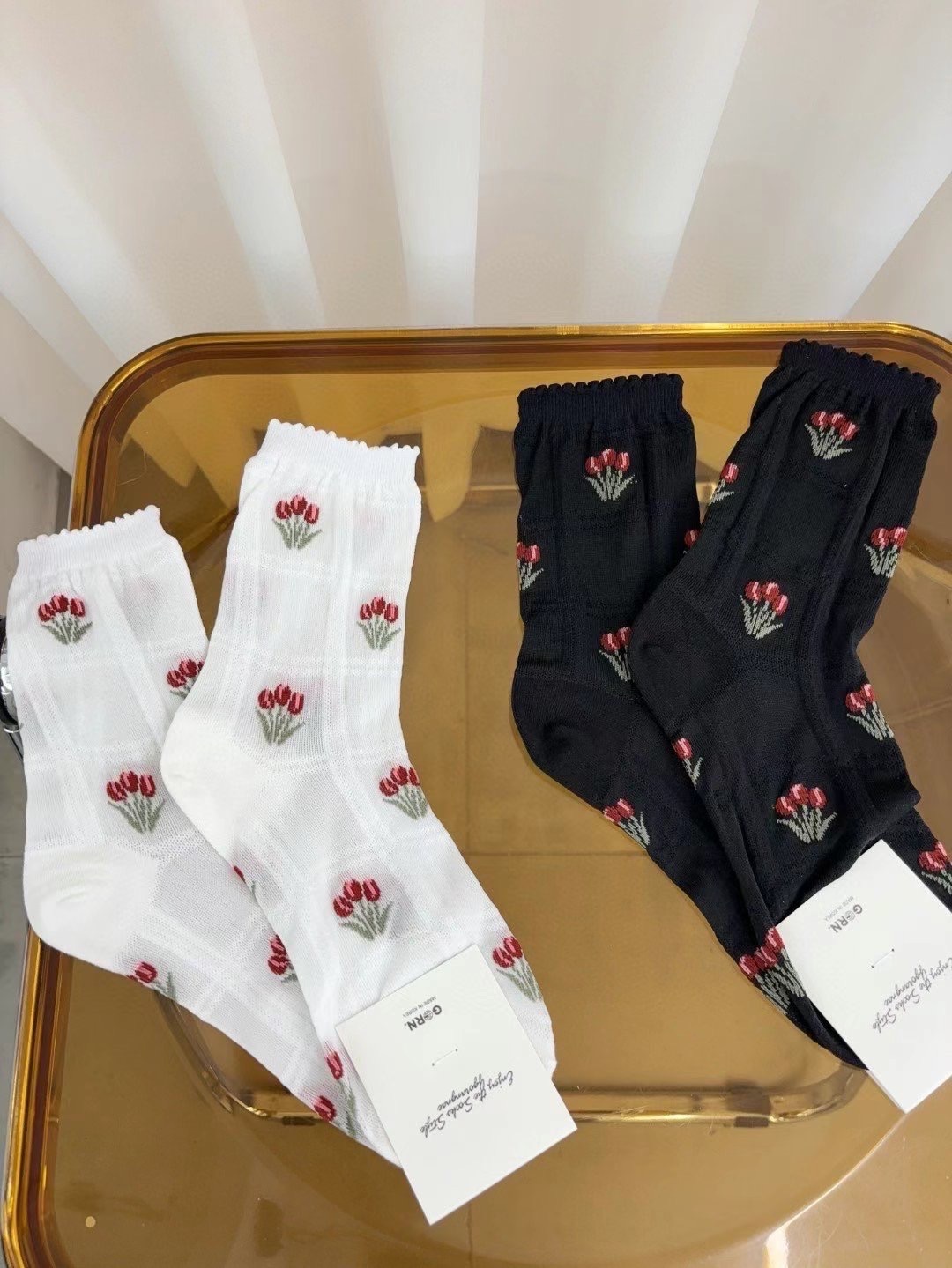 現貨售完不補ෆ🏷ʏᴜɴᴀ’s ·韓國製🇰🇷花邊薄紗格子鬱金香長襪