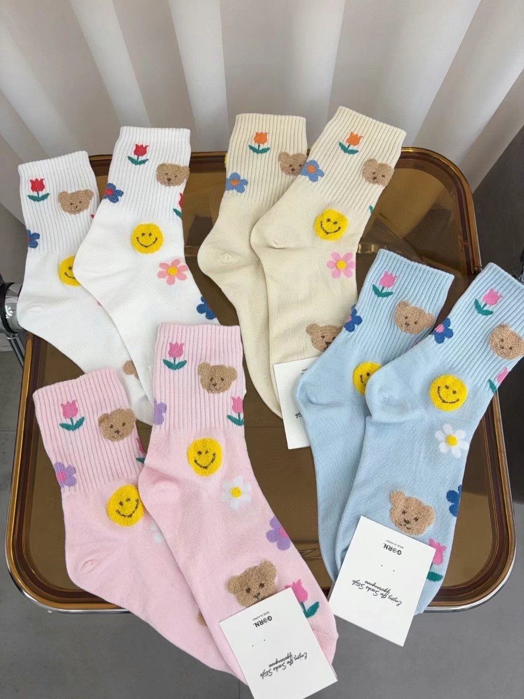 現貨ෆ🏷ʏᴜɴᴀ’s ·韓國製🇰🇷可愛繽紛花·熊·笑臉長襪