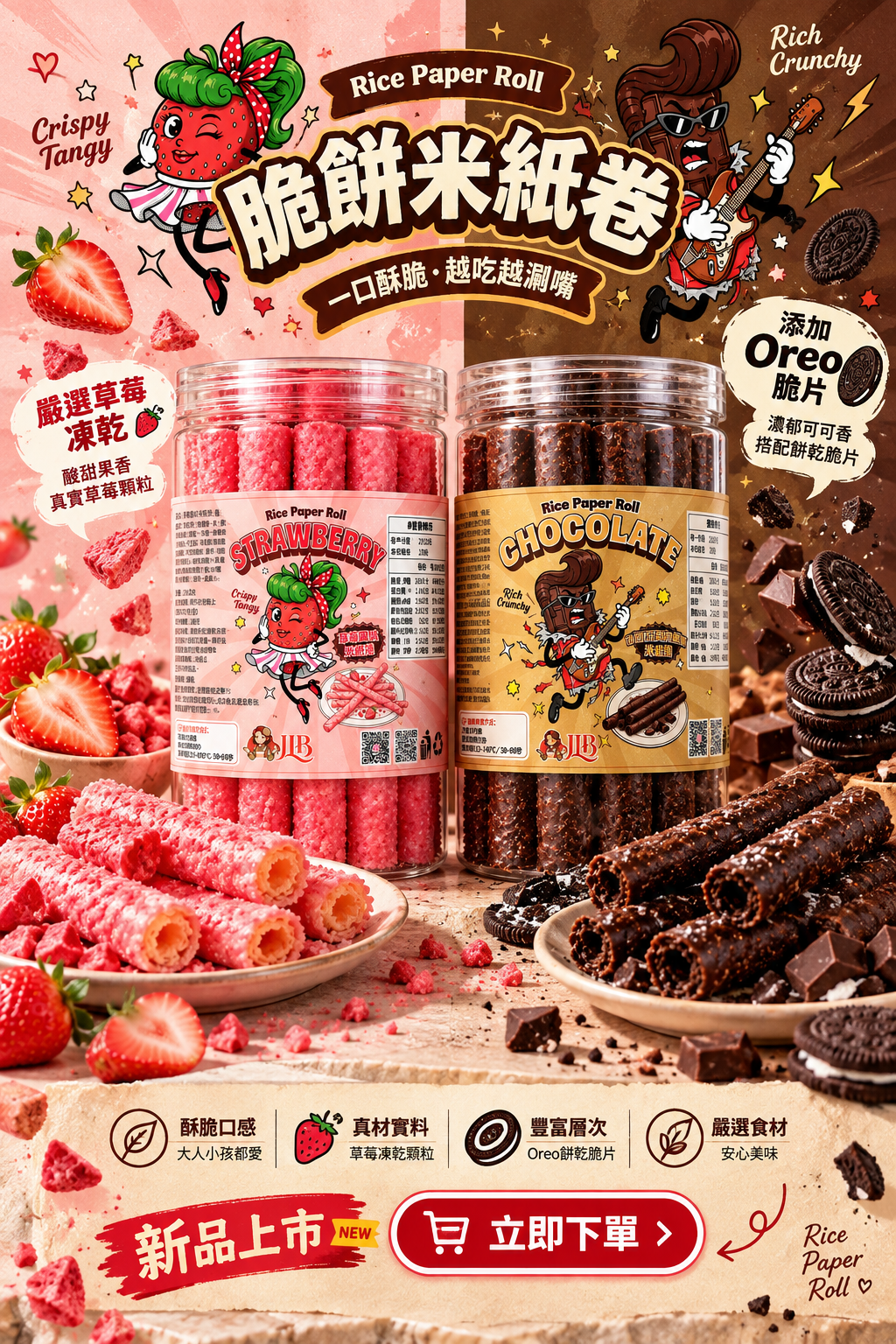 【新品預購】草莓凍乾・可可巧克力酥脆米紙捲