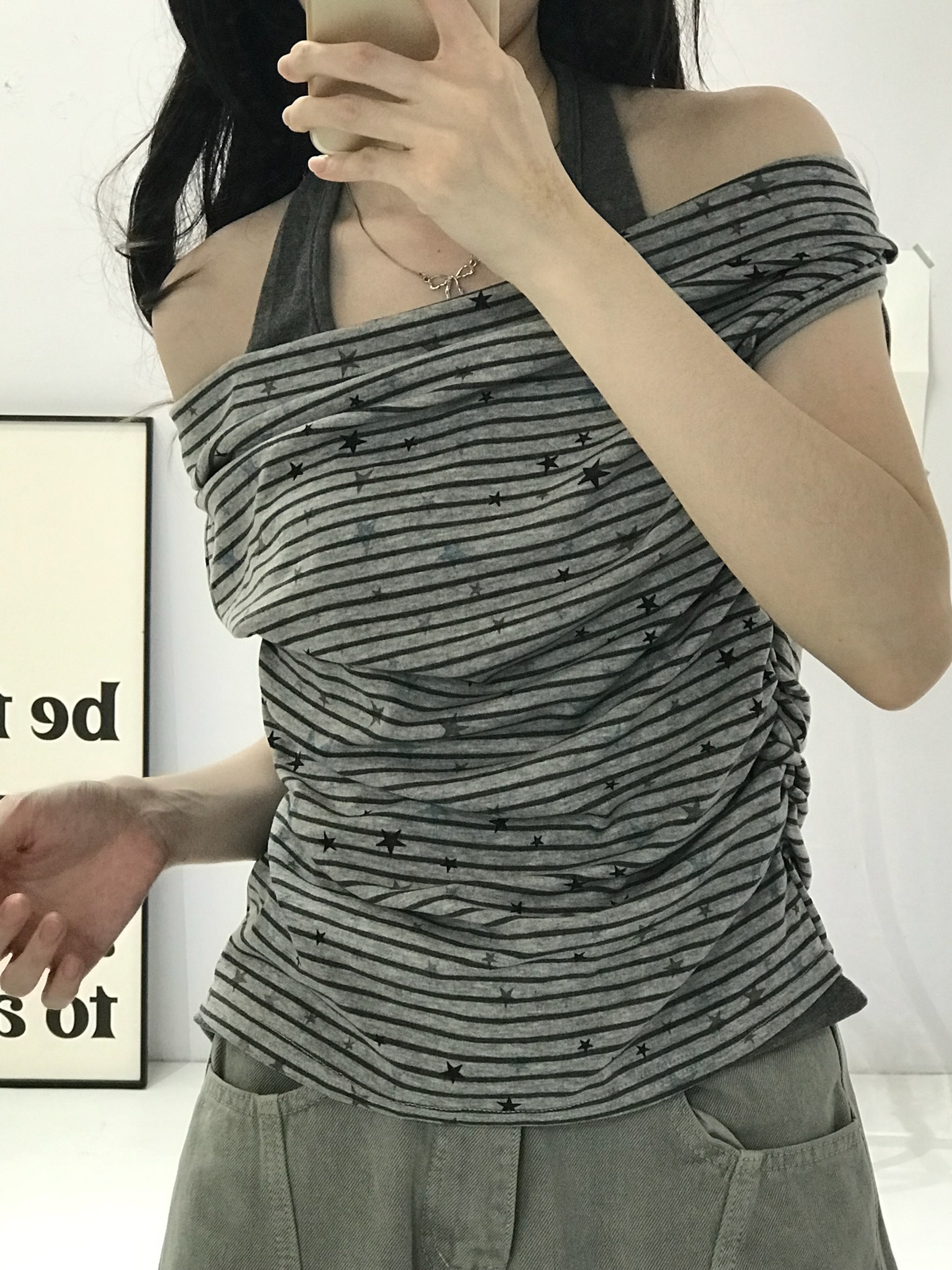 y2k星星條紋掛脖假兩件上衣