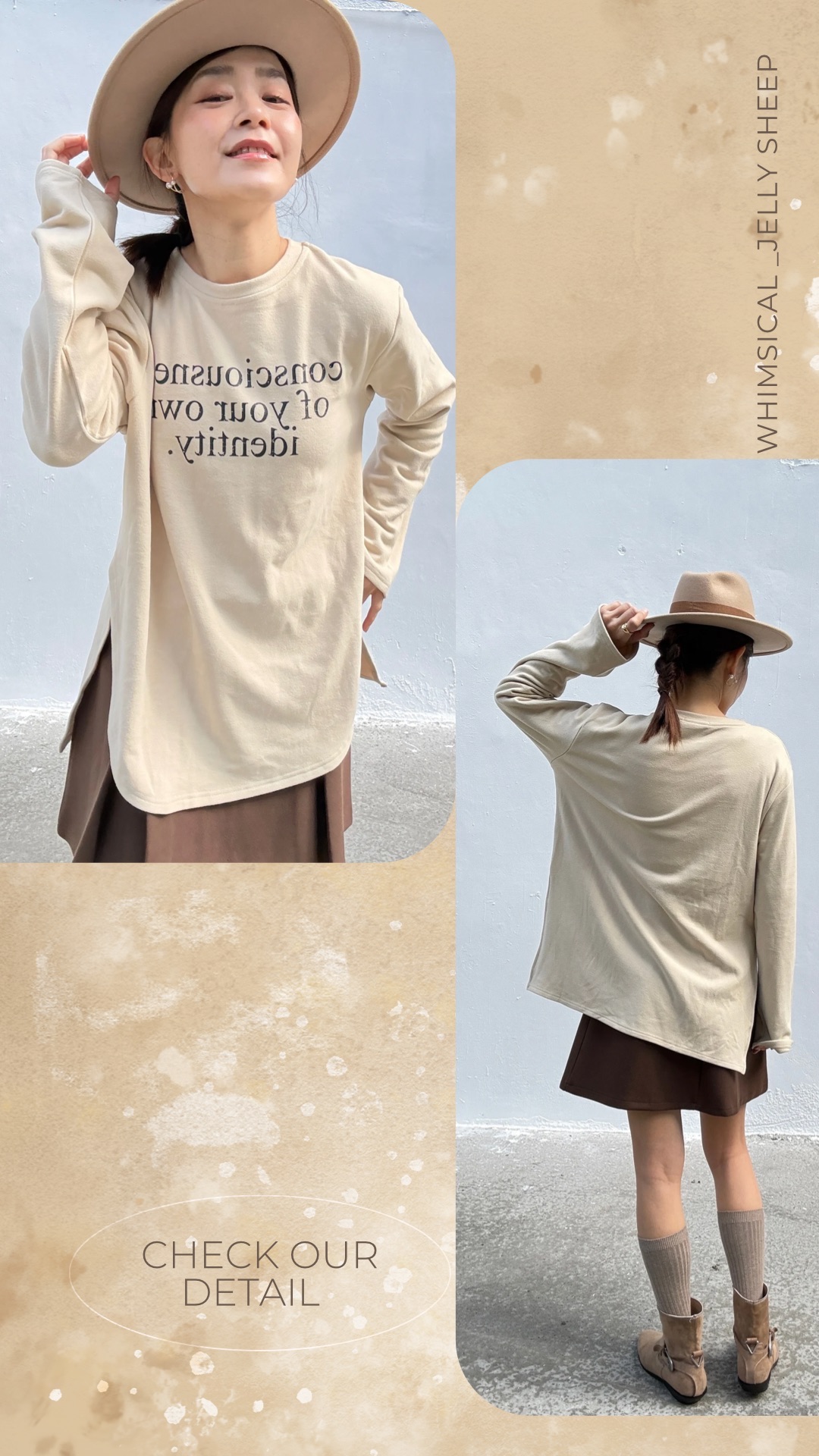 英文句詞蜜桃絨不規則下擺T-修身效果穿上秒腿長TOP上衣