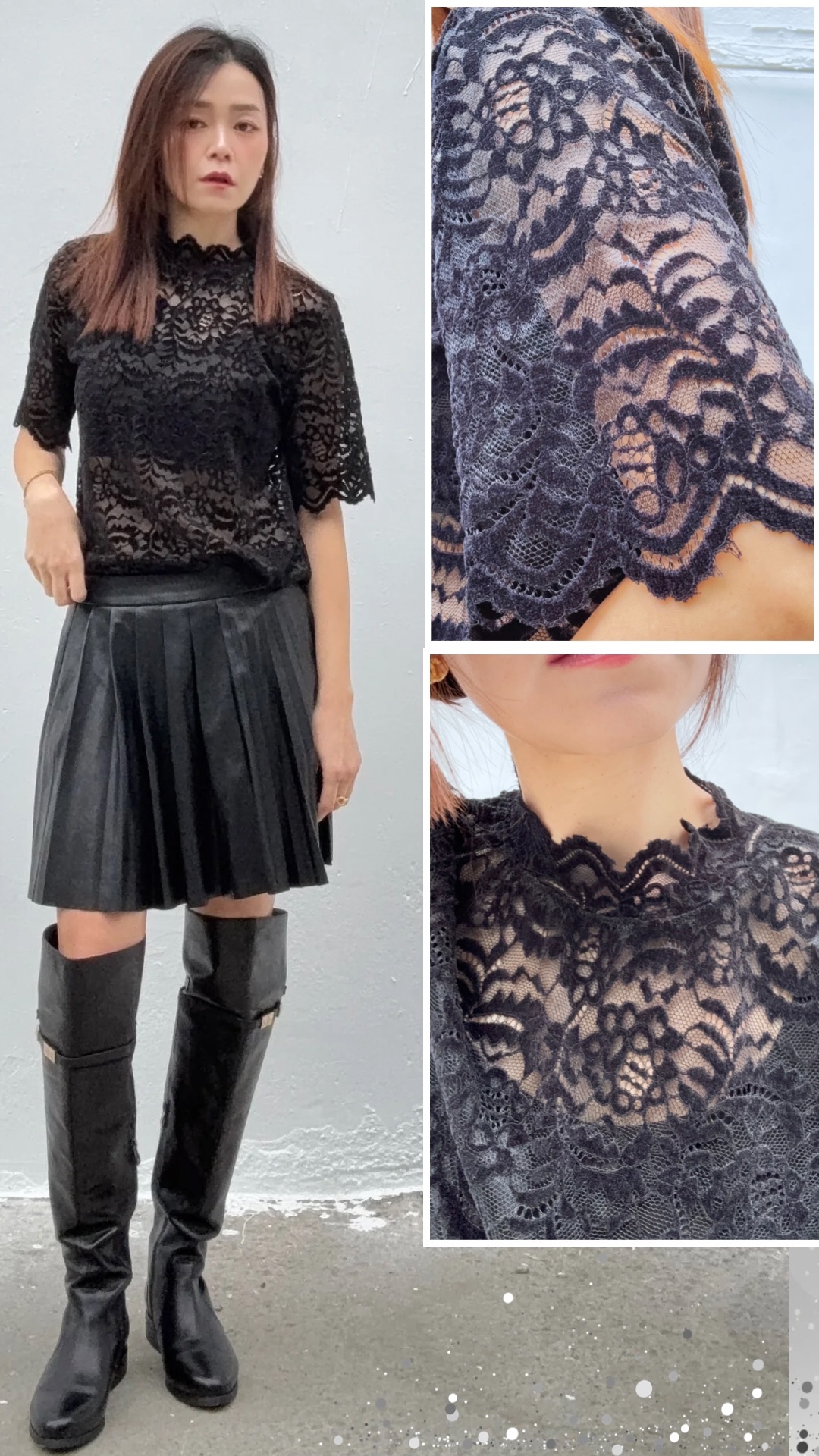 早春新品- 半領重工絨面布料蕾絲簍空短袖上衣