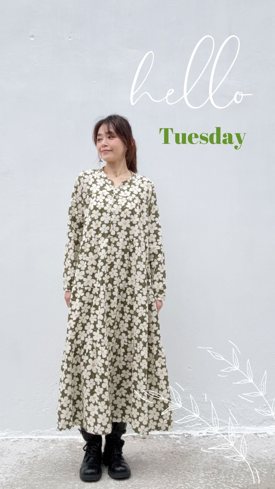 花柄圓領落肩寬鬆連身裙日本原單