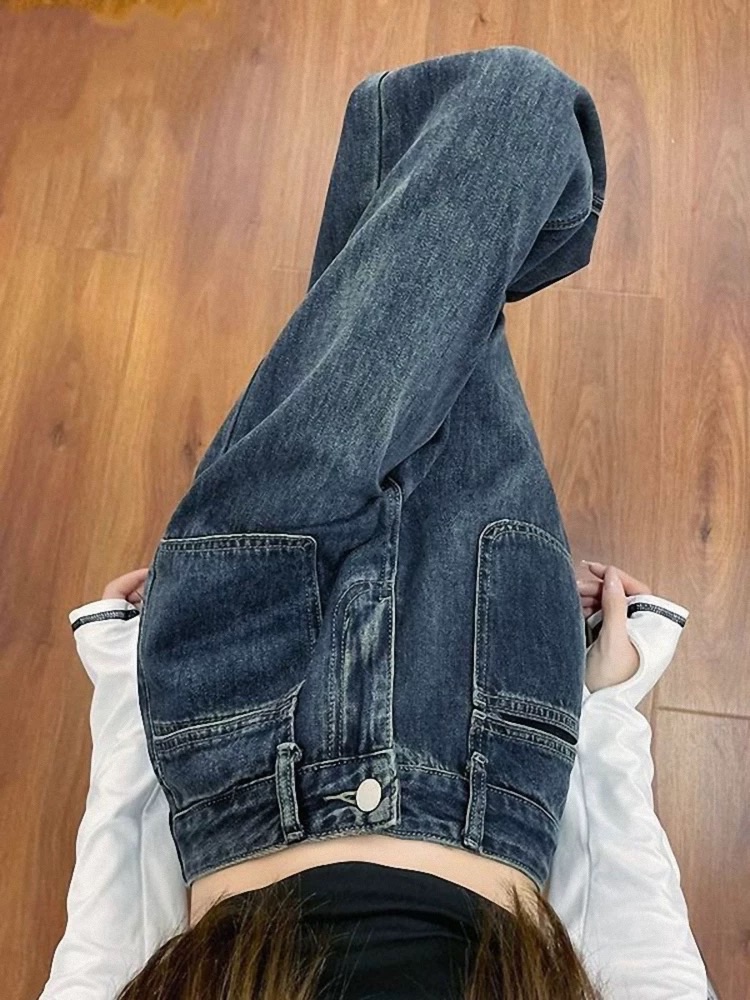 春季高腰復古闊腿牛仔褲