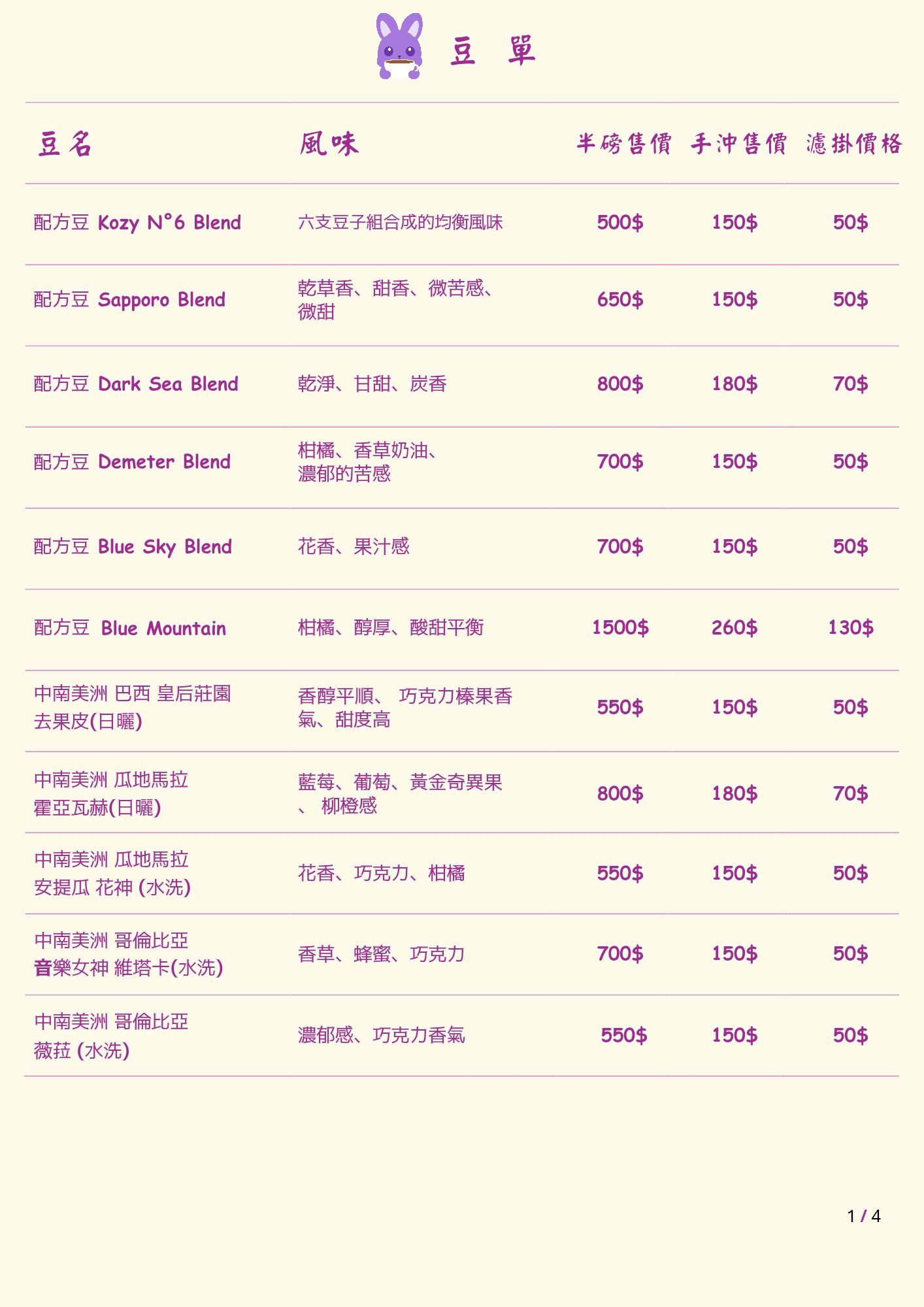 1/4磅咖啡豆（115克）