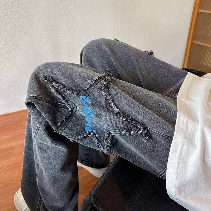 個性潮流星星刺繡新款牛仔褲子vibe高街春秋季寬松百搭直筒闊腿褲