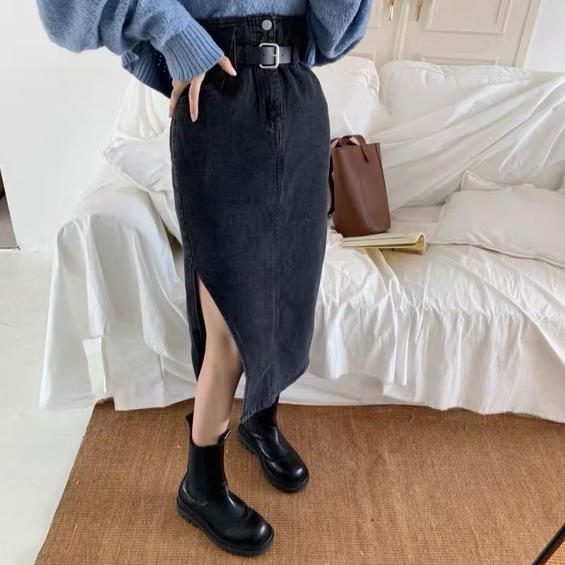 全新 清倉｜現🔥高衩牛仔裙 設計款側邊開叉高腰包臀牛仔群長裙付腰包 | 早衣服》