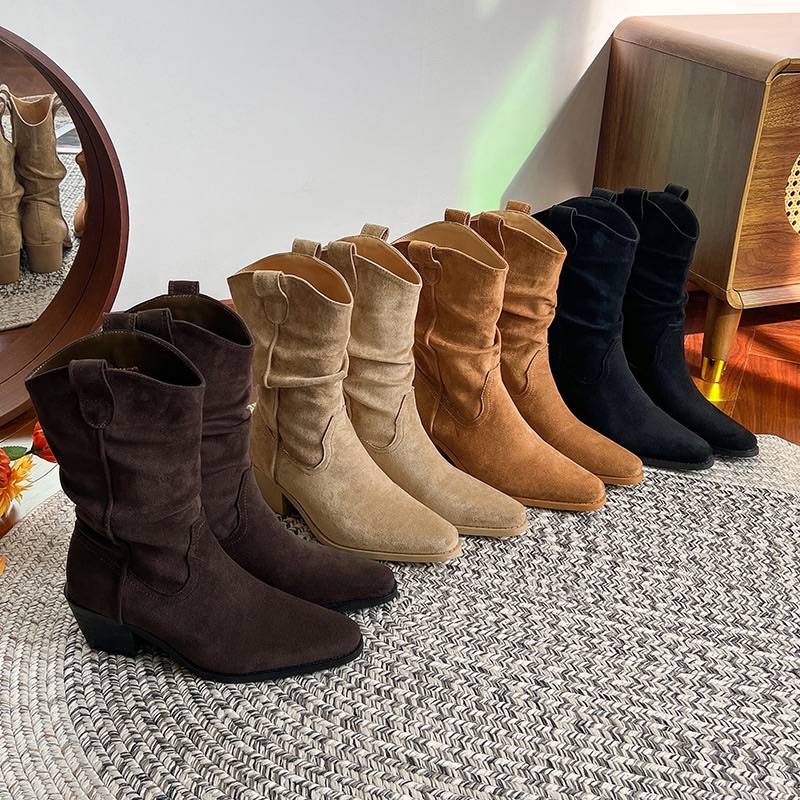 堆堆馬靴 大尺碼 尖頭 西部靴 中筒靴 寬胖腳 馬丁靴 41-43 牛仔靴女 尖頭 粗跟 騎士靴 早衣服》2509