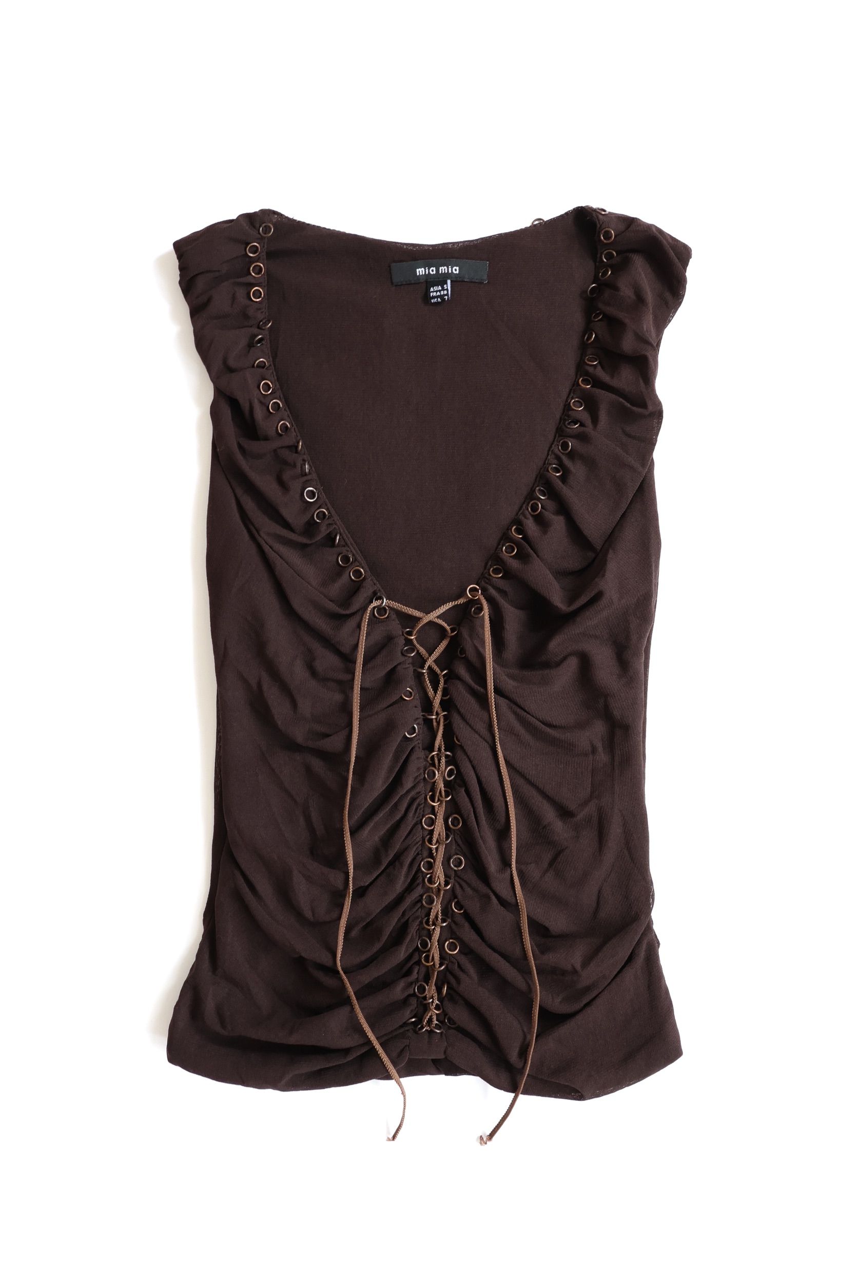 Mia Mia 深咖啡抓皺綁帶上衣 Dark Brown Ruched Lace-Up Top