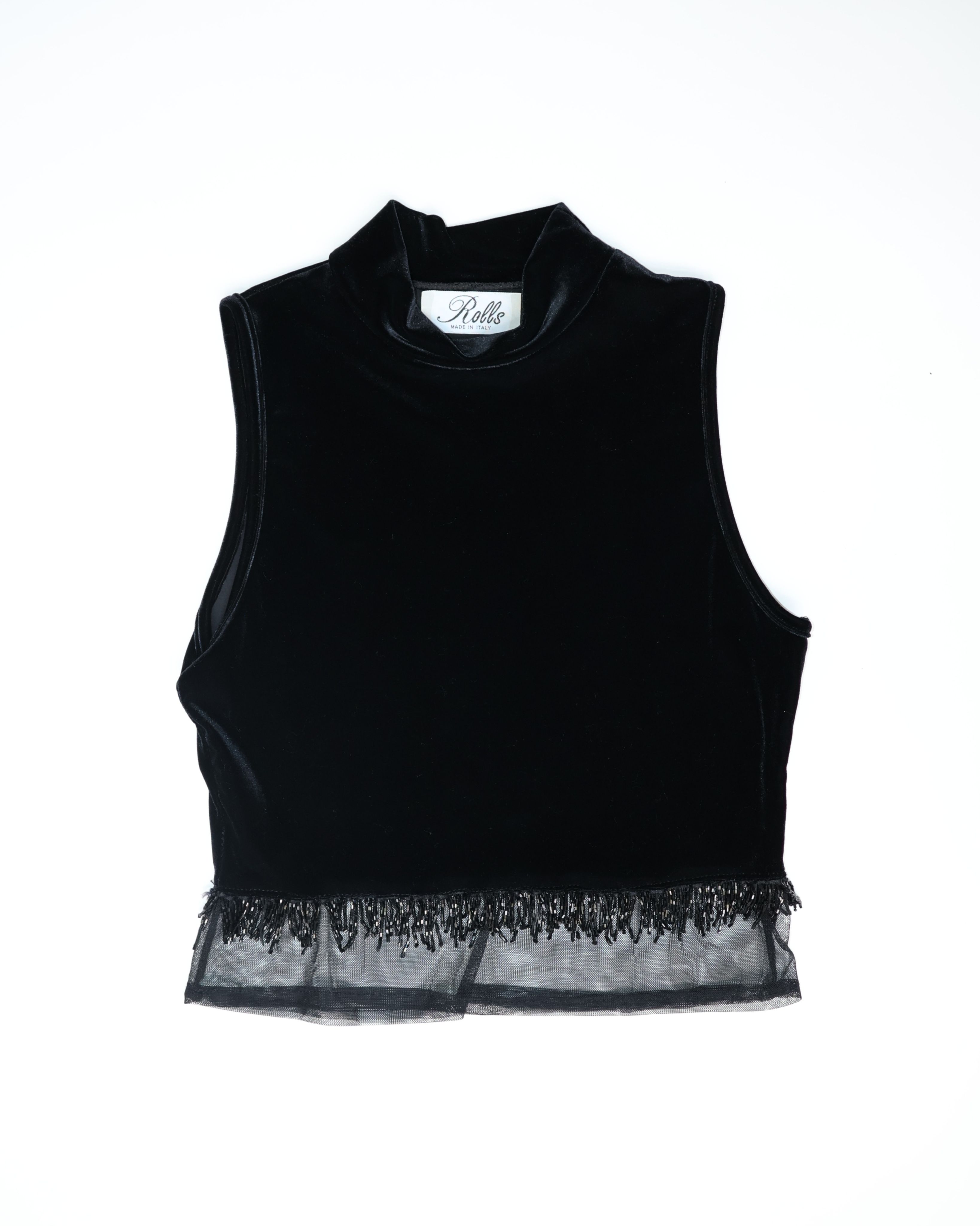 黑色鵝絨短版珠珠無袖上衣