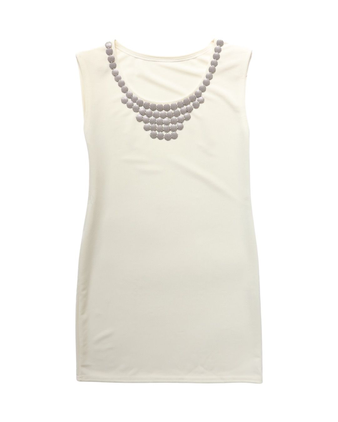 金屬裝飾圓領米白無袖洋裝