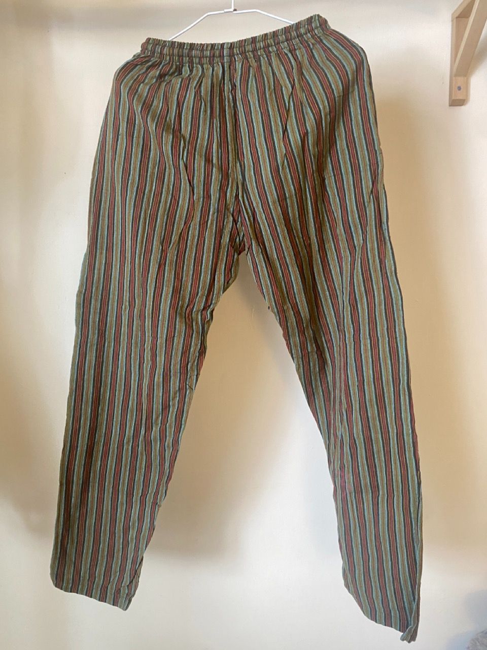 尼泊爾手作棉麻條紋鬆緊休閒長褲