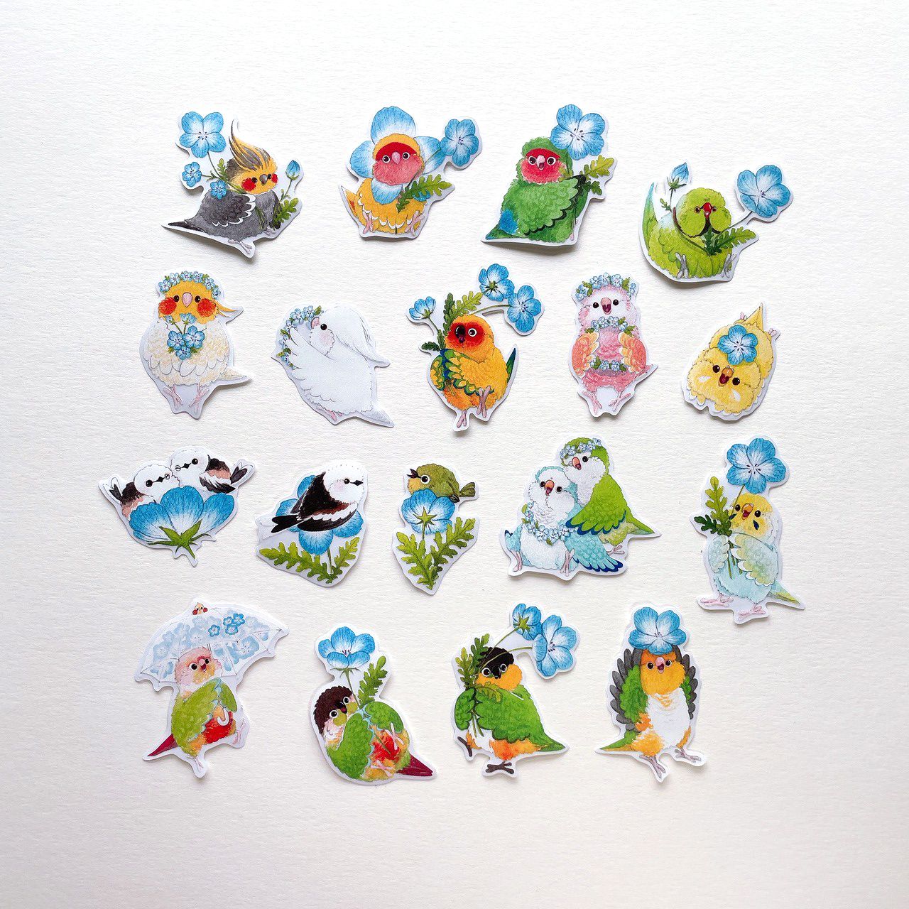 Rolia’s 手作 【粉蝶花系列】鸚鵡/鳥/山雀 透明白墨防水貼紙