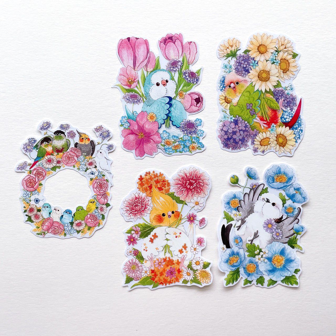 Rolia’s 手作 【四季花卉】鸚鵡/鳥/長尾山雀 透明白墨防水貼紙