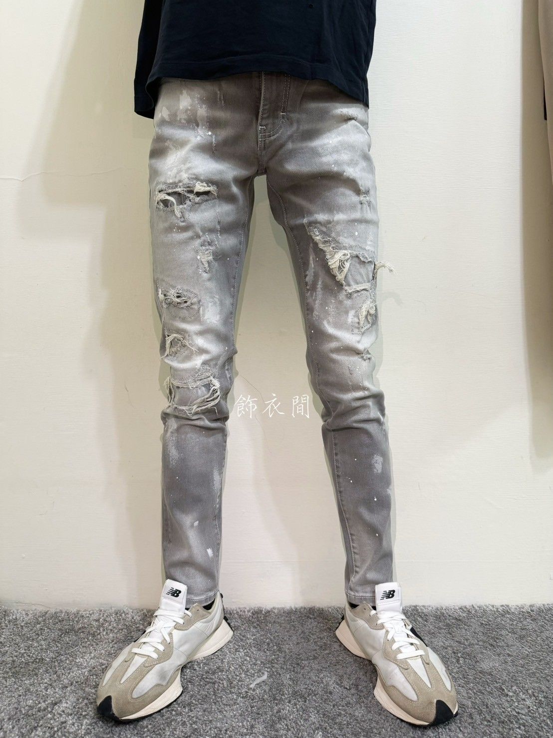 水泥灰刷破彈性修身牛仔褲👖SC078