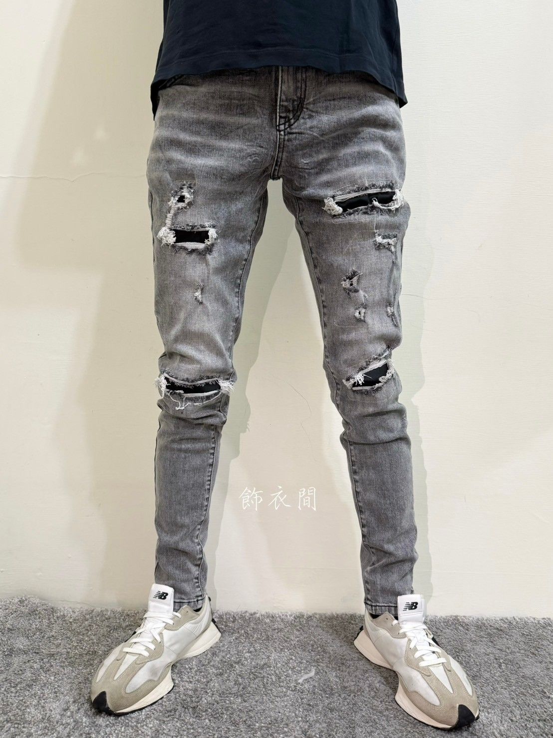 淺灰刷破彈性修身牛仔褲👖HB181