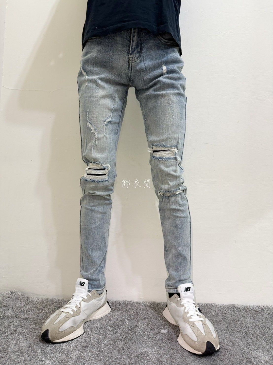 淺藍刷破彈性修身牛仔褲👖PA701