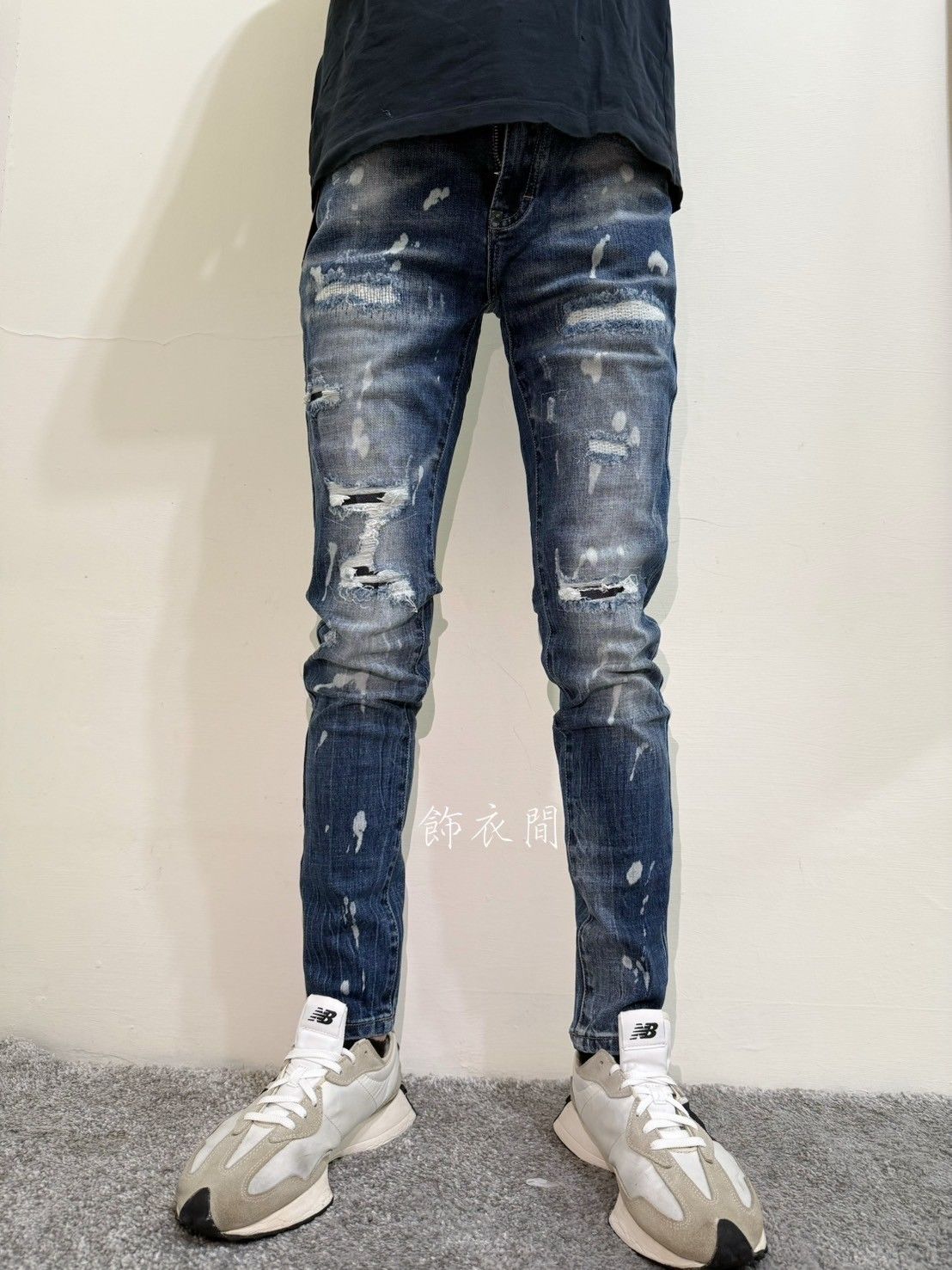 深藍刷破彈性修身牛仔褲👖HB185