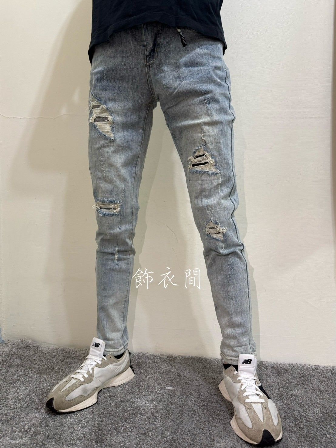 淺藍帶掛勾（可拆卸）刷破彈性修身牛仔褲👖PA716