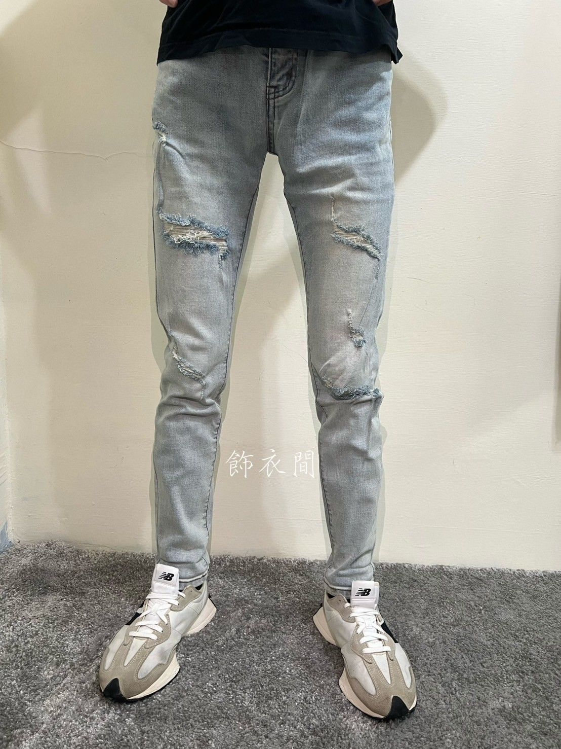淺藍刷破彈性修身牛仔褲👖此款無補丁PA717