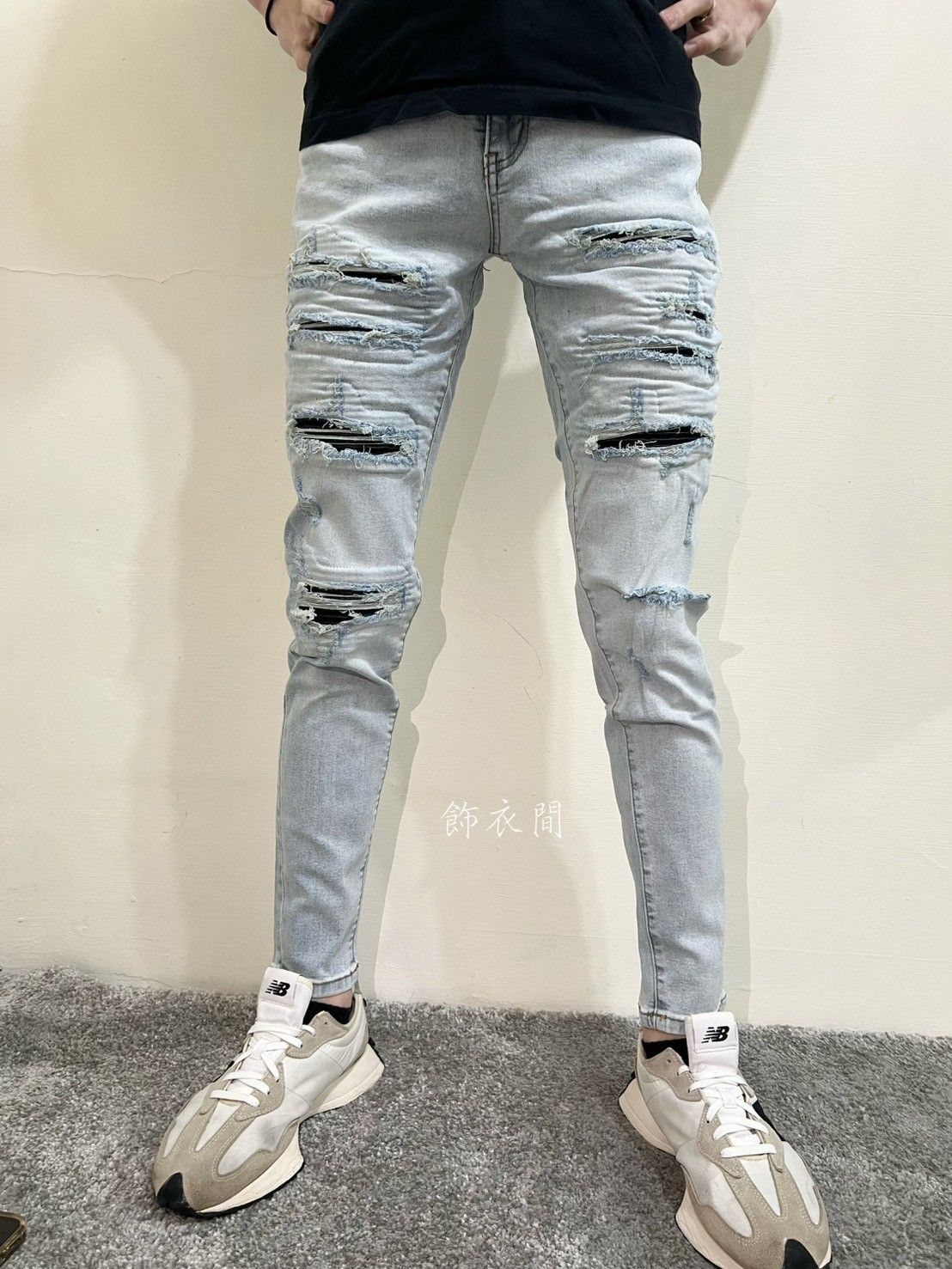 淺藍刷破機車皮彈性修身牛仔褲👖HB199