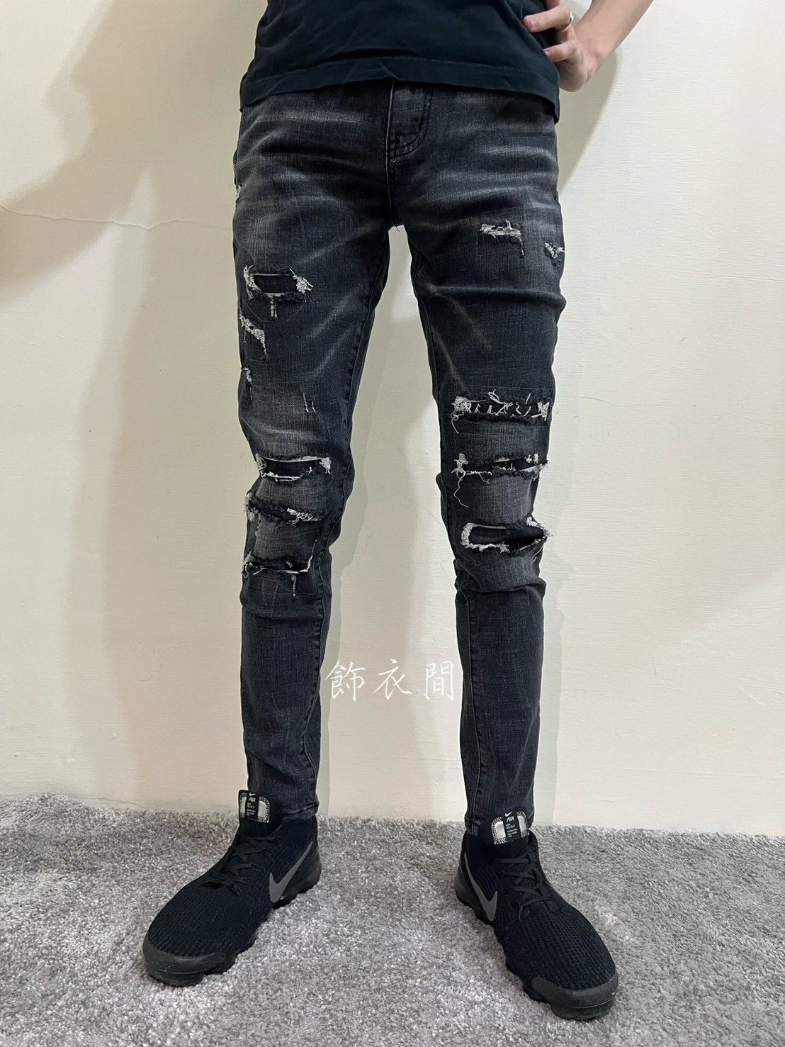 深黑刷破彈性修身牛仔褲👖HB193