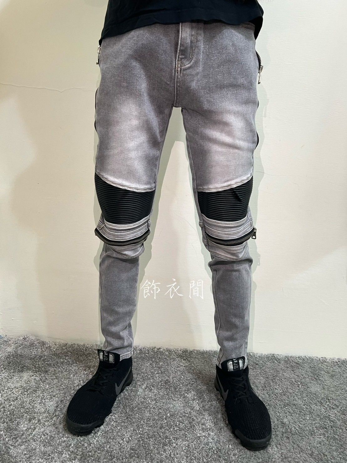 皮革刀割騎士彈性修身牛仔褲👖PA730