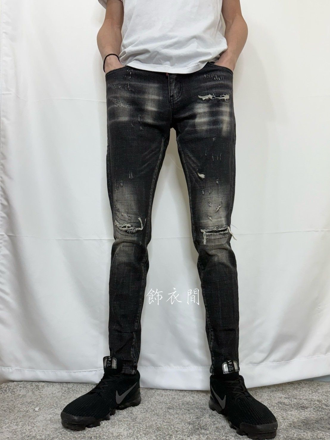 深黑灰色刷破彈性合身牛仔褲👖HB501