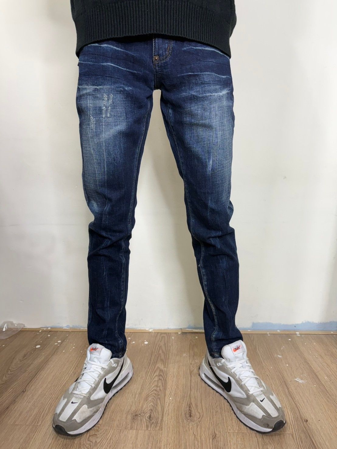 深藍彈性牛仔素面長褲👖