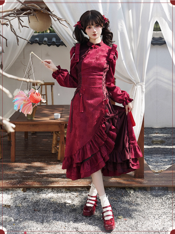 【代購預購】lolita雪花紅梅 盤扣蕾絲穿繩流蘇荷葉邊立領泡泡袖絲絨旗袍/連身裙/連衣裙 華風蘿莉塔 中華風 新中式