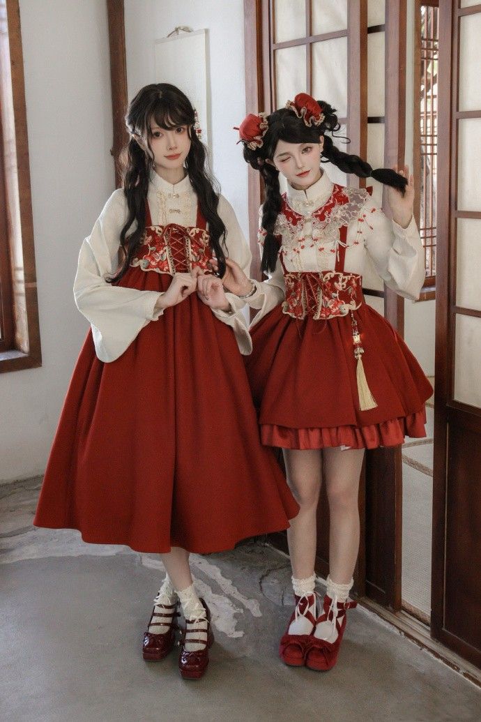 {大全套}【代購預購】lolita歲歲年年 花朵蝴蝶刺繡荷葉邊飛袖背帶裙/半裙＆襯衫＆馬甲＆雲肩＆髮簪套裝 中國風蘿莉塔