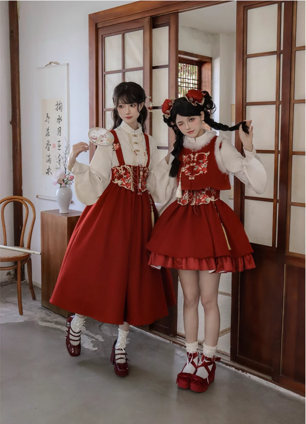 {套裝}【代購預購】lolita歲歲年年 花朵蝴蝶刺繡荷葉邊飛袖背帶裙/半裙＆襯衫＆馬甲＆雲肩＆髮簪套裝 中國風蘿莉塔