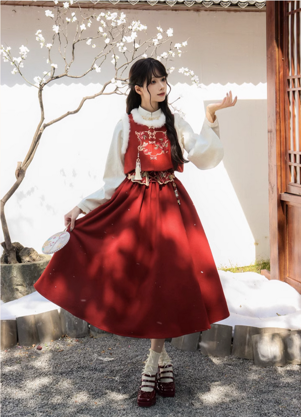{長款半裙}【代購預購】lolita歲歲年年 花朵蝴蝶刺繡荷葉邊飛袖背帶裙＆襯衫＆馬甲＆雲肩＆髮簪套裝 中國風蘿莉塔