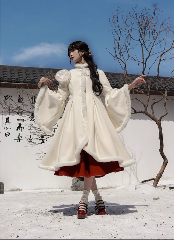 {大衣}【代購預購】lolita歲歲年年 盤扣毛絨包邊姬袖加絨毛呢長外套/加厚大衣/長款厚外套 中國風蘿莉塔 華風 國風