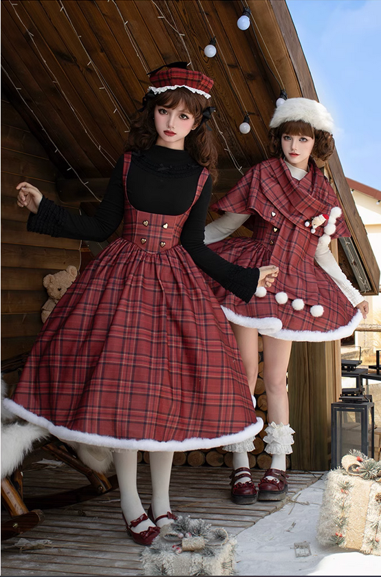 {套裝}【代購預購】lolita聖誕晚餐 格紋毛絨包邊魚骨托胸洋裝＆格子布斗篷/披肩 聖誕節雙子套裝 經典蘿莉塔 耶誕節