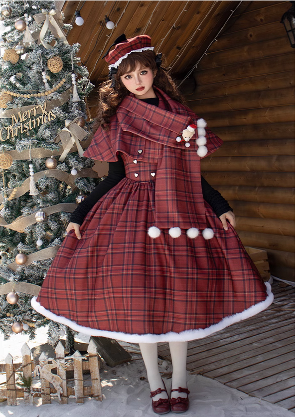 {長款洋裝}【代購預購】lolita聖誕晚餐 格紋毛絨包邊魚骨托胸洋裝＆格子布斗篷/披肩 聖誕節套裝 經典蘿莉塔 耶誕節