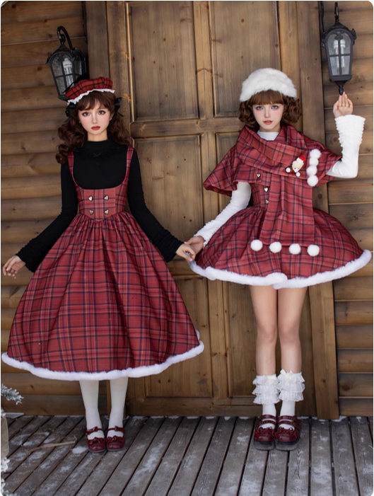 {配件}【代購預購】lolita聖誕晚餐 格紋格子布斗篷/披肩＆小熊別針＆蕾絲花邊內搭 聖誕節套裝 經典蘿莉塔 耶誕節