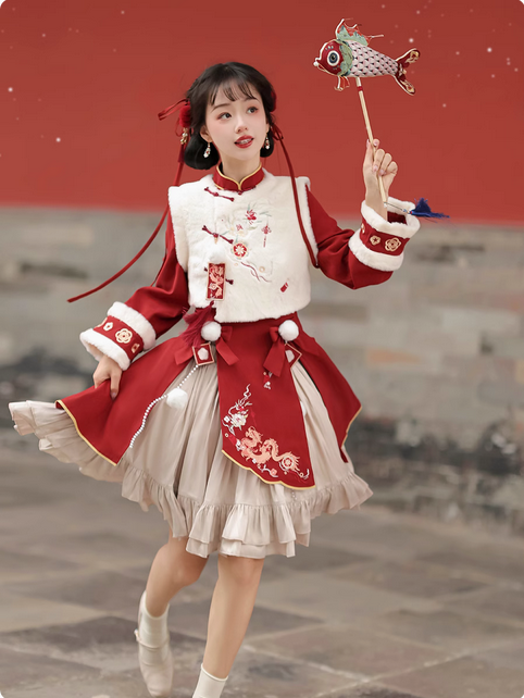 【代購預購】lolita躍龍門 花朵祥龍刺繡馬甲＆雪球蝴蝶結連身裙＆半身裙套裝/春節套裝/新年漢服 中國風 華風蘿莉塔