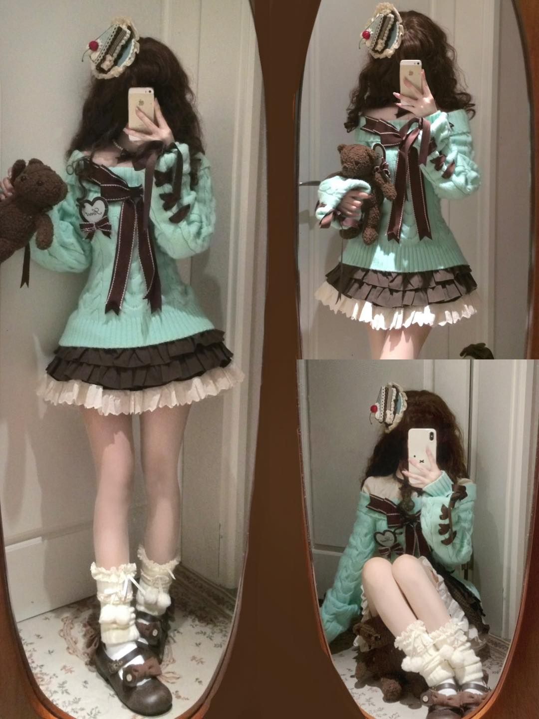 【代購】lolita甜蜜巧心 交叉綁帶緞帶蝴蝶結愛心胸牌一字領毛線衣/毛衣＆長袖襯衫＆半身裙/半裙套裝 甜美蘿莉塔