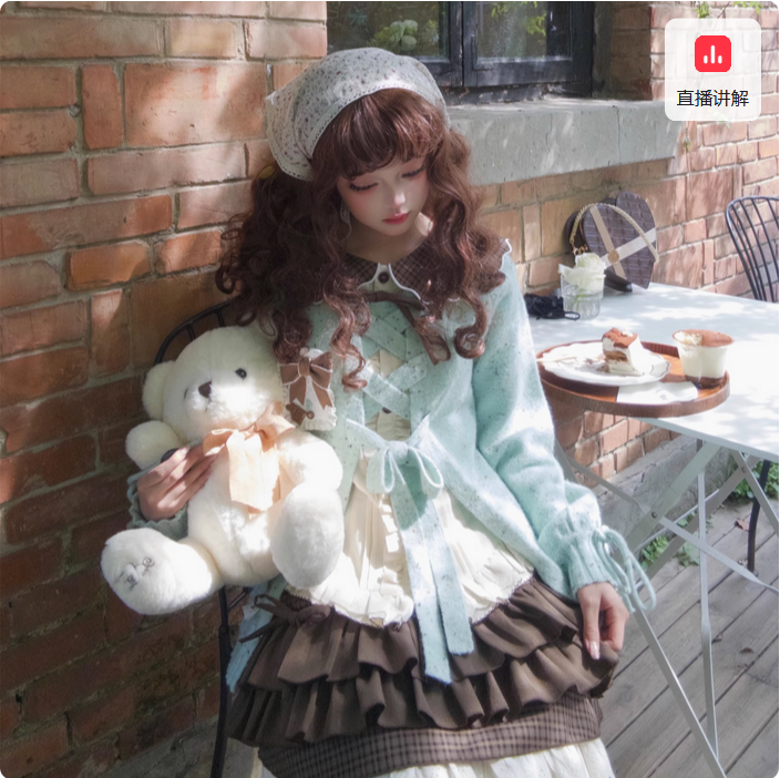 {薄荷綠}【代購】lolita甜蜜巧心 巧克力胸牌交叉蝴蝶結泡泡袖針織外套＆格紋刺繡短袖襯衫＆蕾絲花邊曲牙邊半身裙/半裙