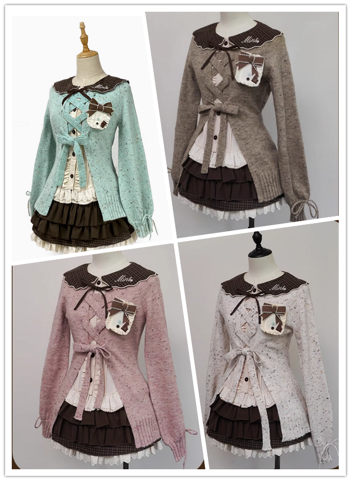 {單買}【代購】lolita甜蜜巧心 巧克力胸牌交叉蝴蝶結泡泡袖針織外套＆格紋刺繡短袖襯衫＆蕾絲花邊曲牙邊半身裙/半裙